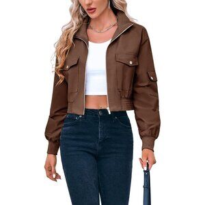 Women's Brown Short Bomber Jackets Stand Collar Zip Up Long Sleeve Lightweight